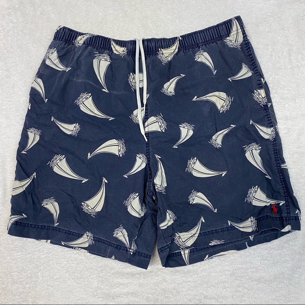 Vintage Polo Sport Ralph Lauren Swim Trunks Sail Boats Navy Blue Size L